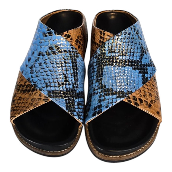 Ganni Snake Effect Crossover Sandals Multi Color Brown Blue Slide Size 37 US 7 - Picture 3 of 10